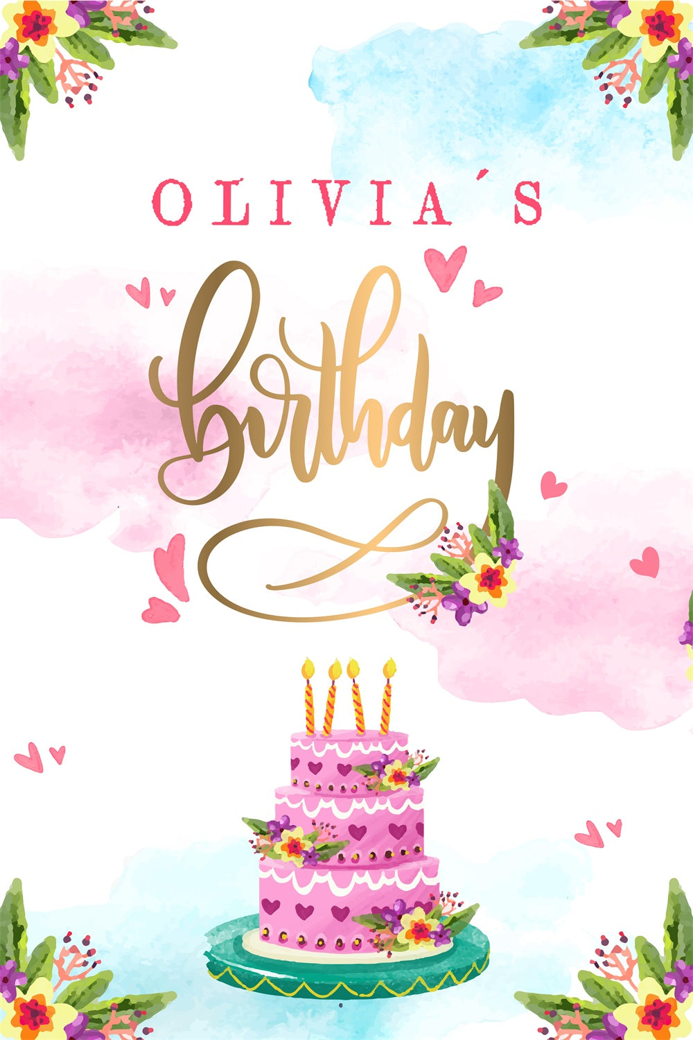 Personalized Birthday Backdrop Watercolor Cake Flower Backdrop LXX1-225