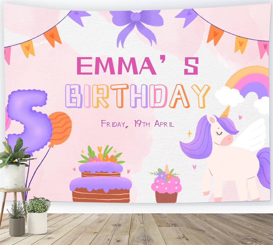 Custom Backdrop Birthday 5th Party Cake Balloons Unicorn Backdrop LXX1-247