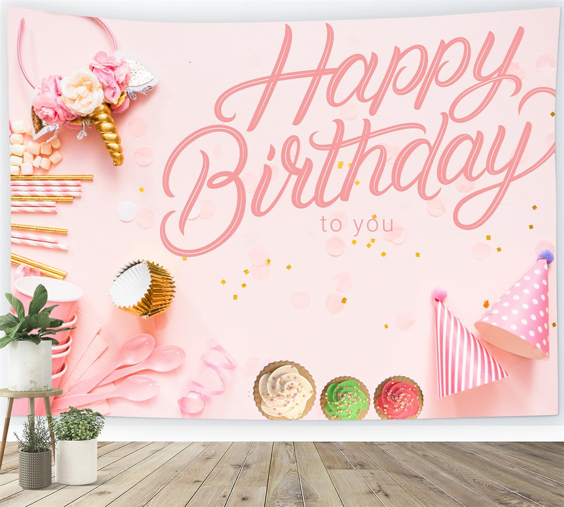 Customize Birthday Backdrop Pink Party Cupcake Photo Backdrop LXX1-249