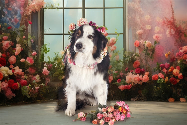 Backdrop Pet Romantic Window View Floral Backdrop LXX1-264