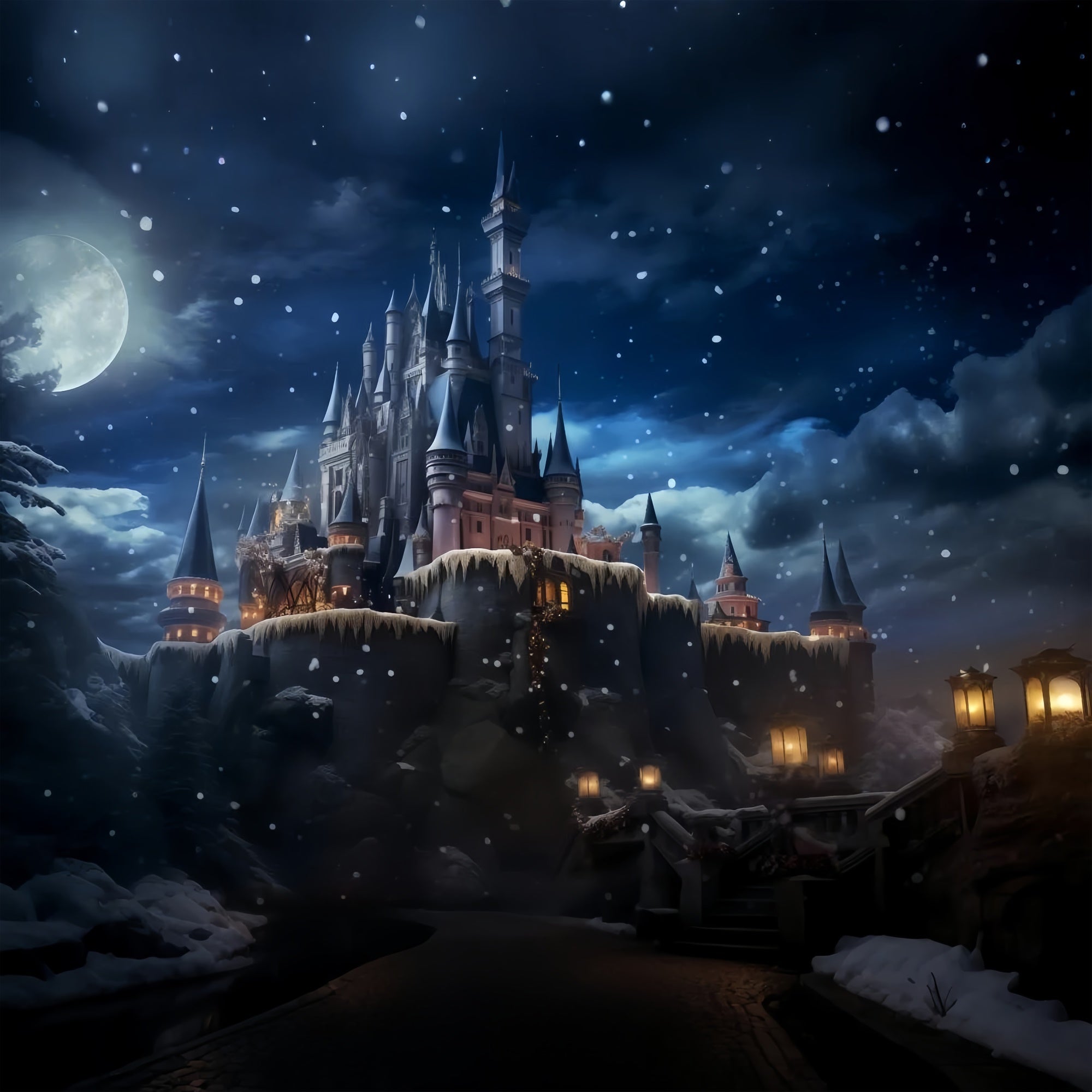 Pet Backdrops Moonlit Castle Winter Night Backdrop LXX1-275