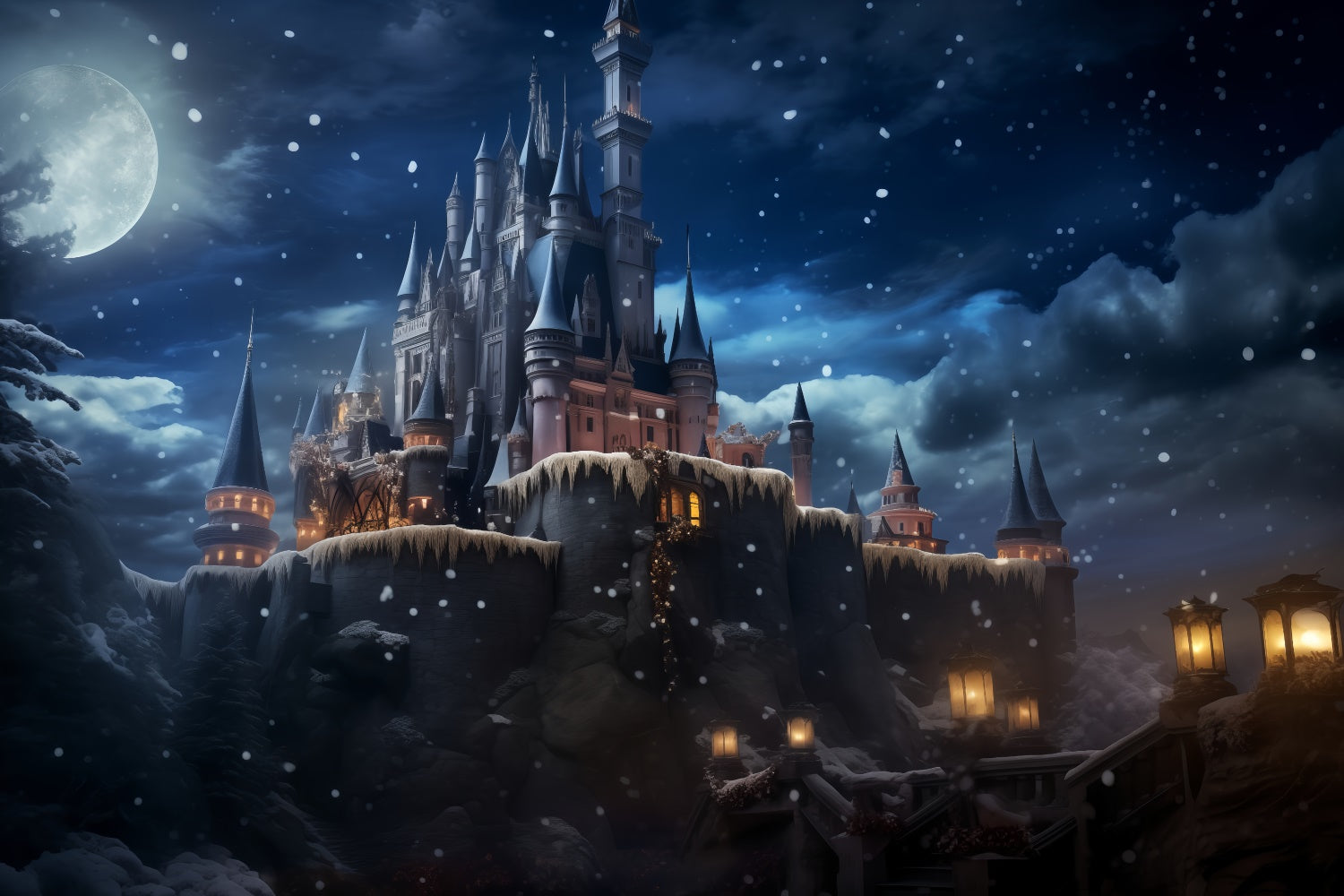 Pet Backdrops Moonlit Castle Winter Night Backdrop LXX1-275