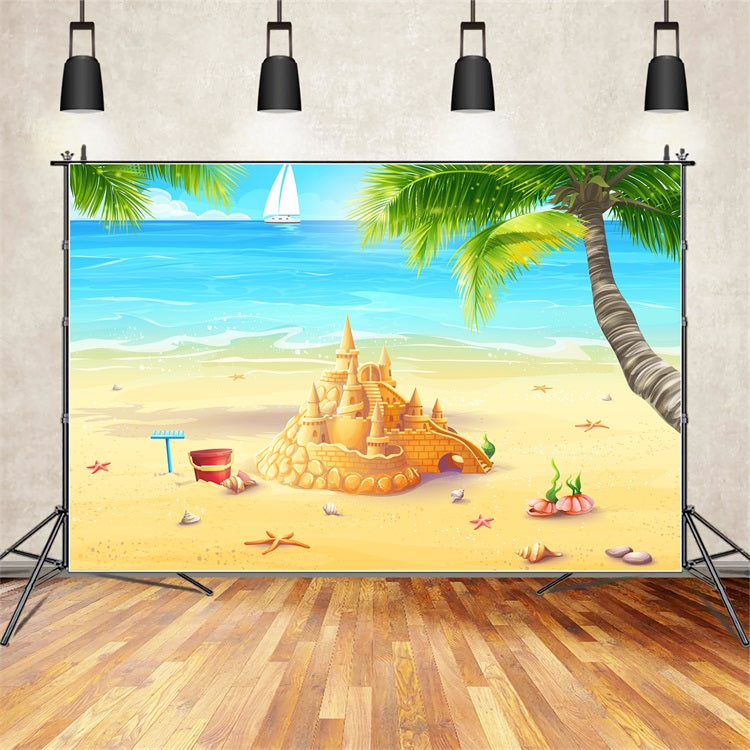 Ocean Sky Backdrop Golden Sandcastle Sunny Ocean Backdrop LXX1-309