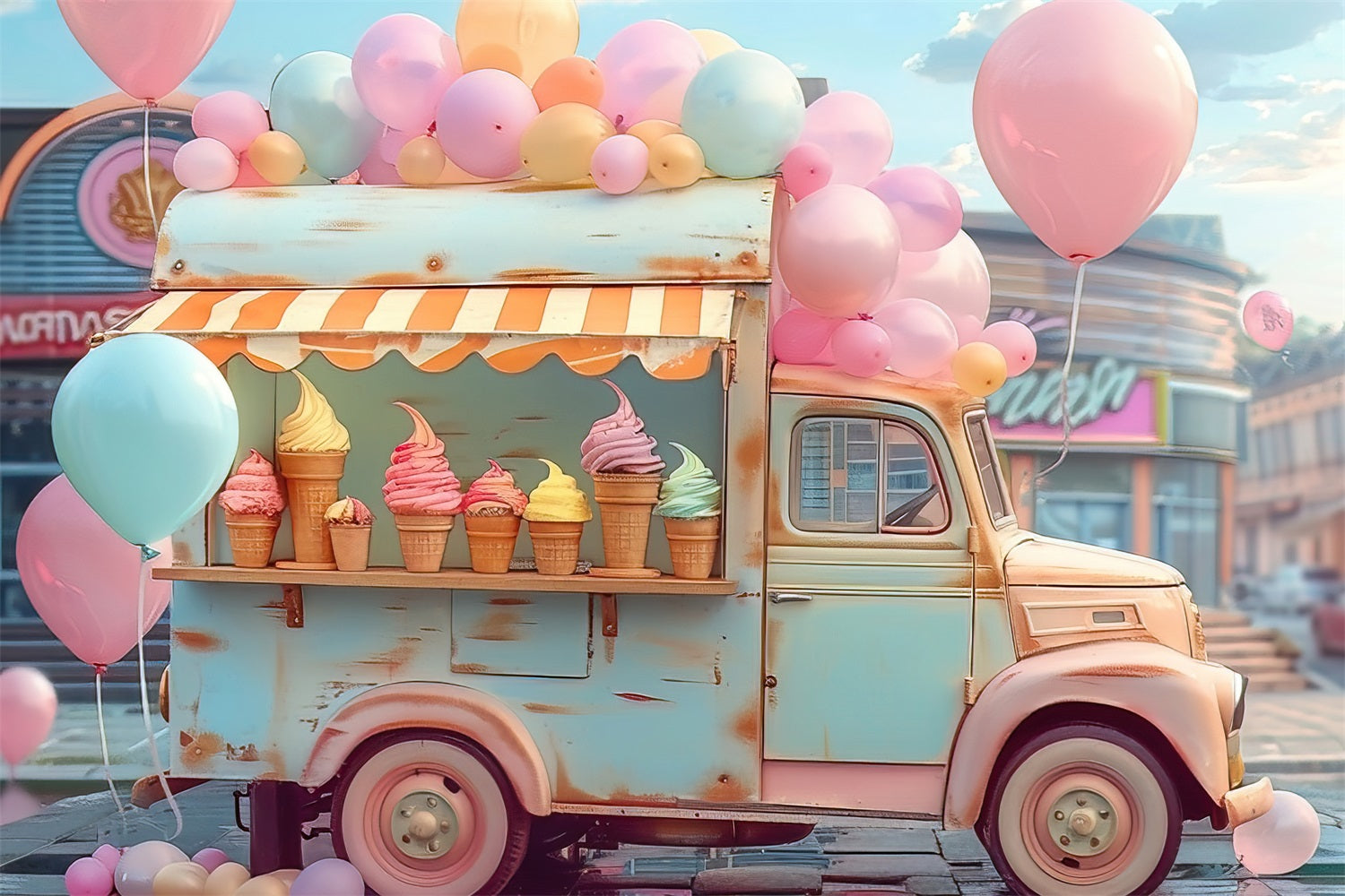 Cloud Balloon Backdrop Ice Cream Truck Backdrop LXX1-339