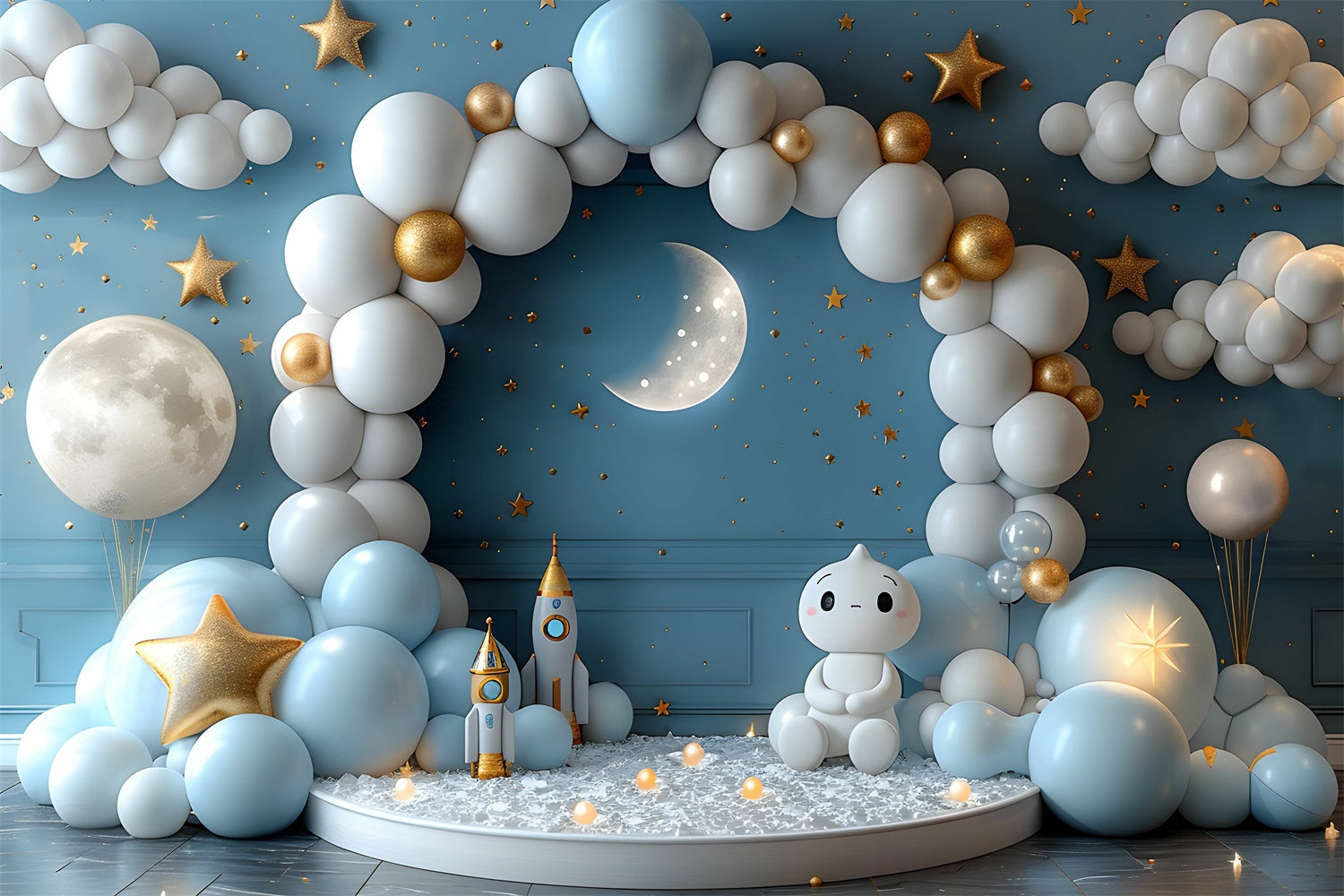 Cloudy Sky Backdrop Starry Moonlit Balloon Arch Backdrop LXX1-340