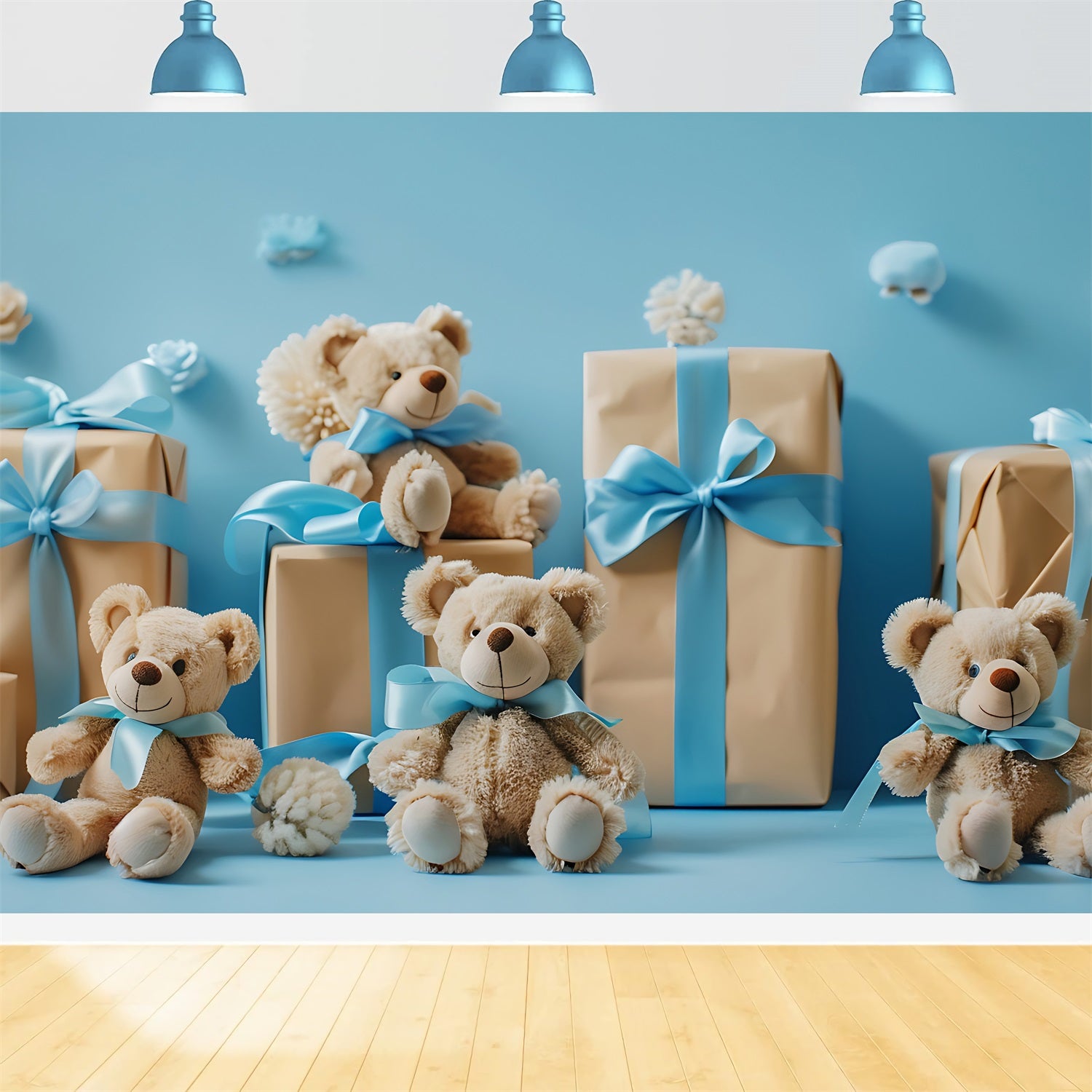 Backdrop Cloud Blue Teddy Bears Gift Boxes Backdrop LXX1-341