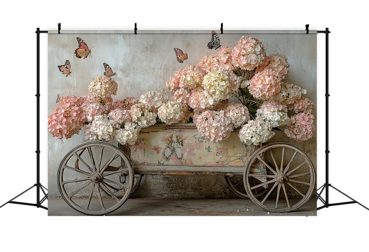 Spring Photo Backdrops Pink Hydrangea Butterfly Cart Backdrop LXX1-5