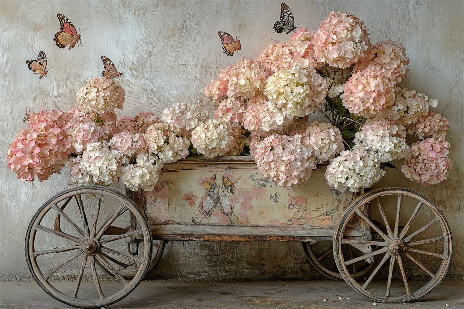 Spring Photo Backdrops Pink Hydrangea Butterfly Cart Backdrop LXX1-5