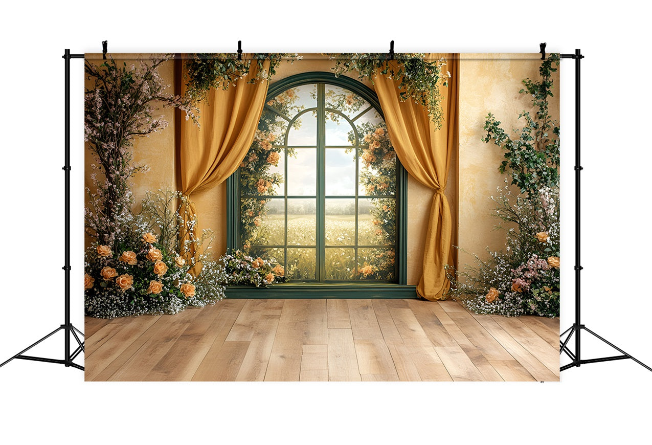 Spring Photo Backdrops Golden Window Floral Curtains Backdrop LXX1-61