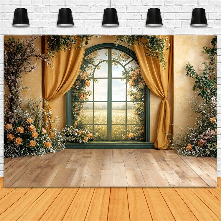 Spring Photo Backdrops Golden Window Floral Curtains Backdrop LXX1-61