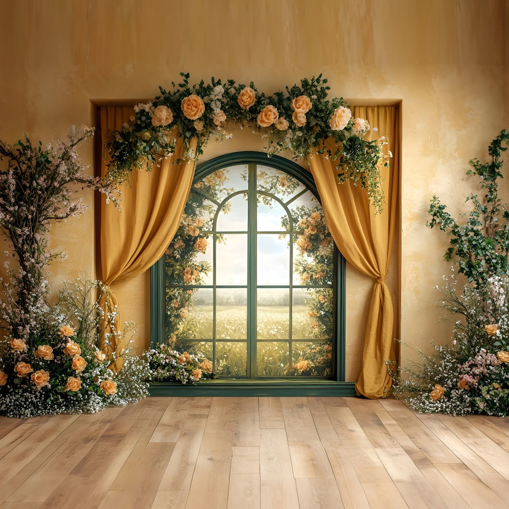 Spring Photo Backdrops Golden Window Floral Curtains Backdrop LXX1-61