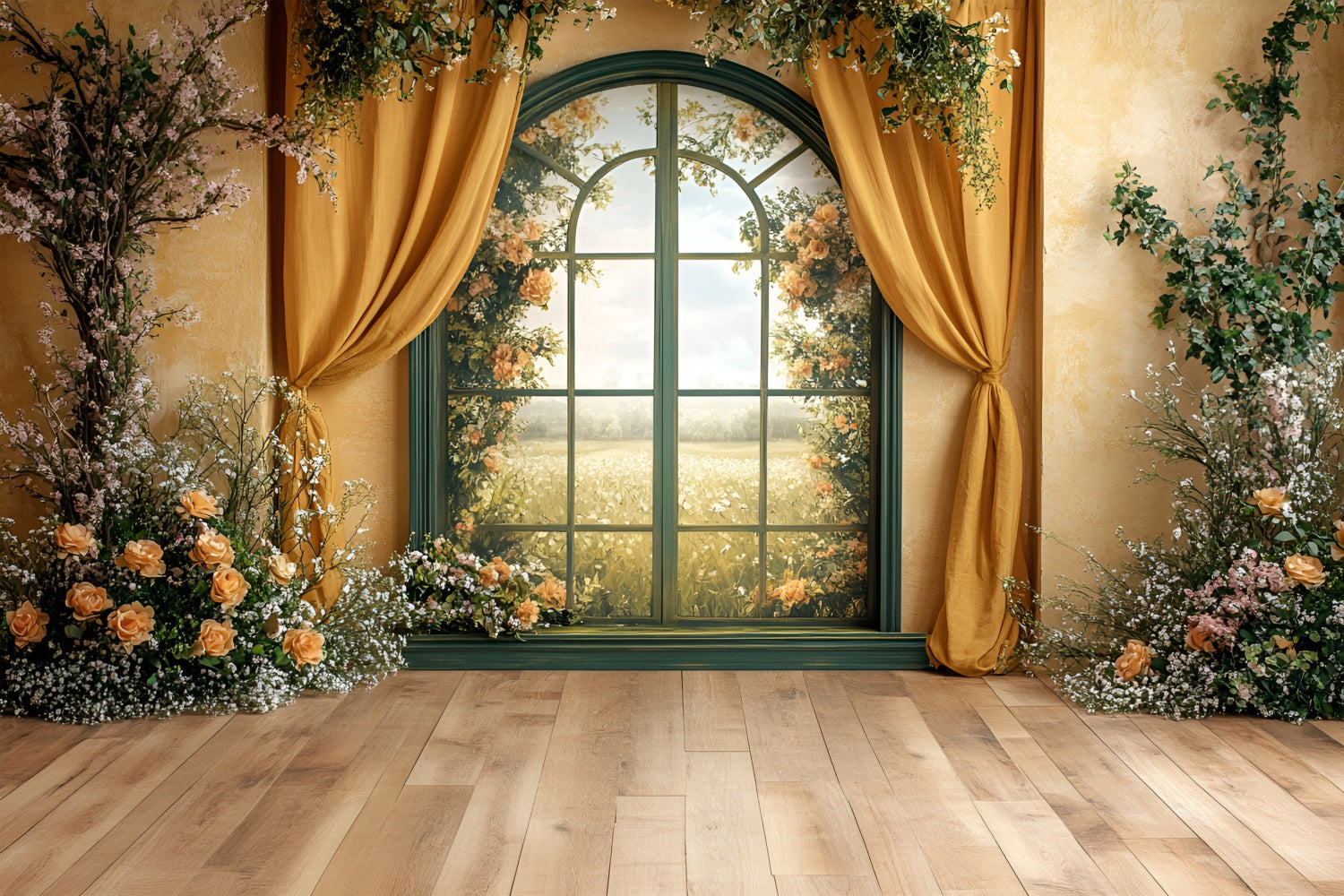 Spring Photo Backdrops Golden Window Floral Curtains Backdrop LXX1-61