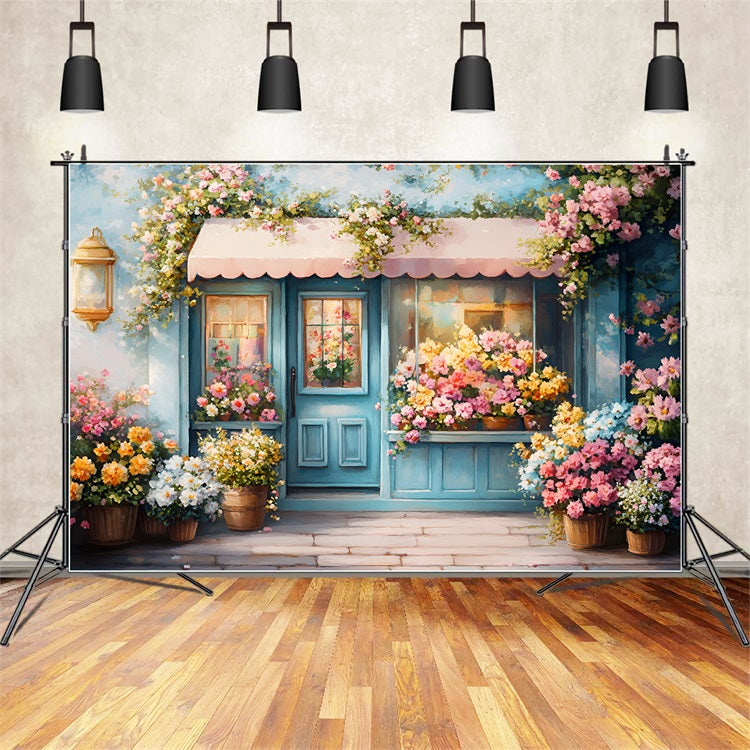 Spring Picture Backdrop Blue Door Floral Blooming Backdrop LXX1-67