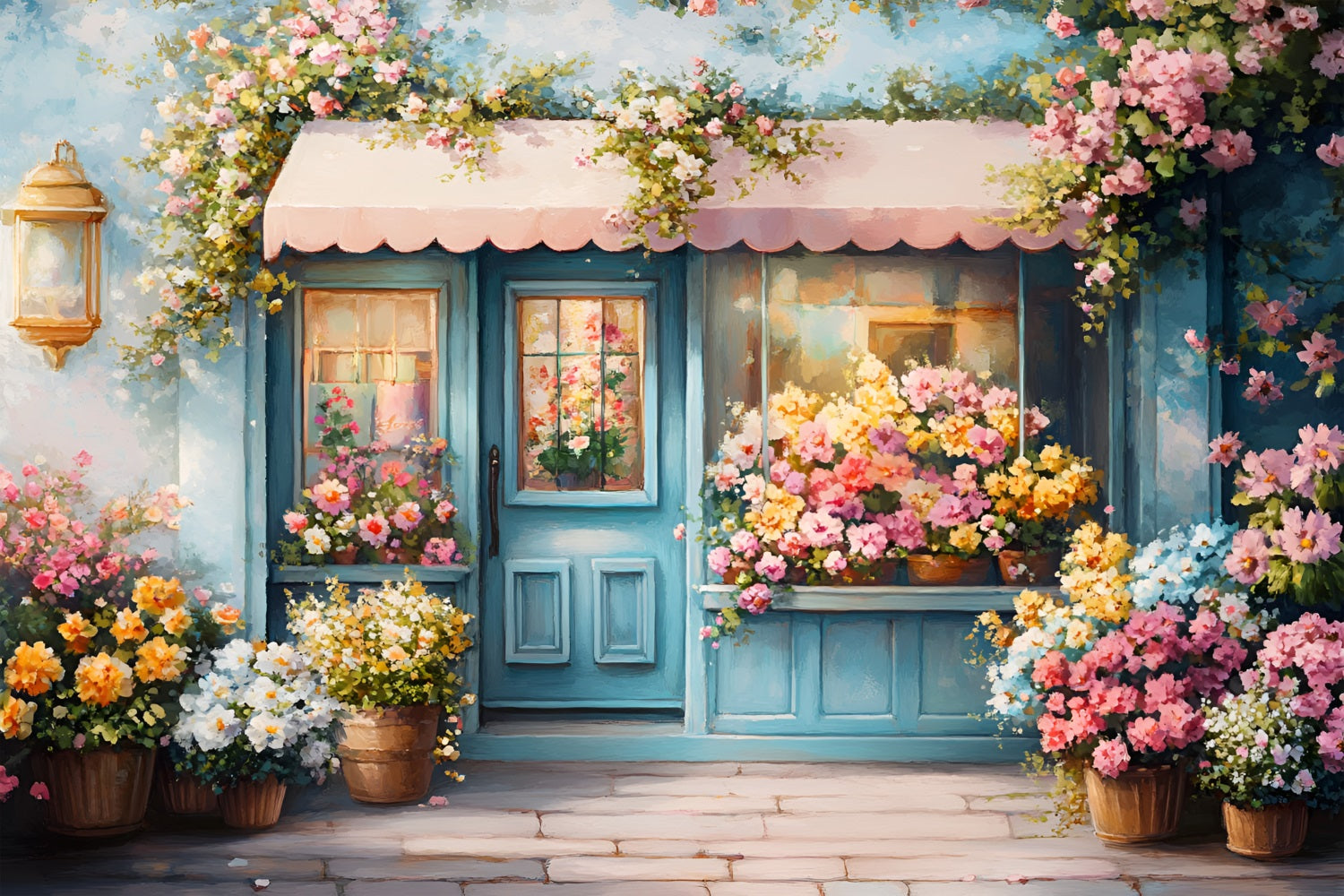 Spring Picture Backdrop Blue Door Floral Blooming Backdrop LXX1-67