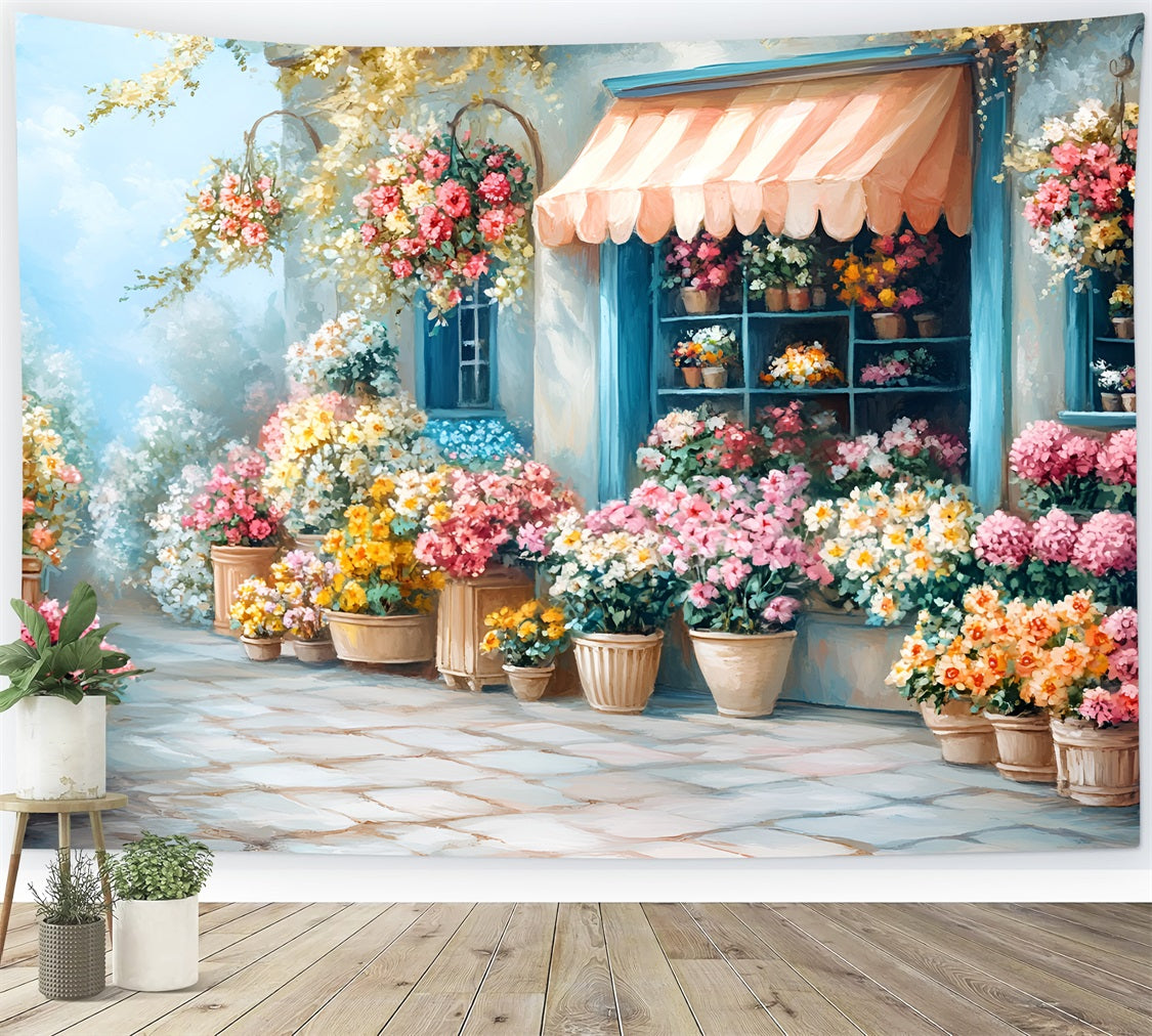 Photography Spring Backdrops Blue Cottage Flower Shopfront Backdrop LXX1-68