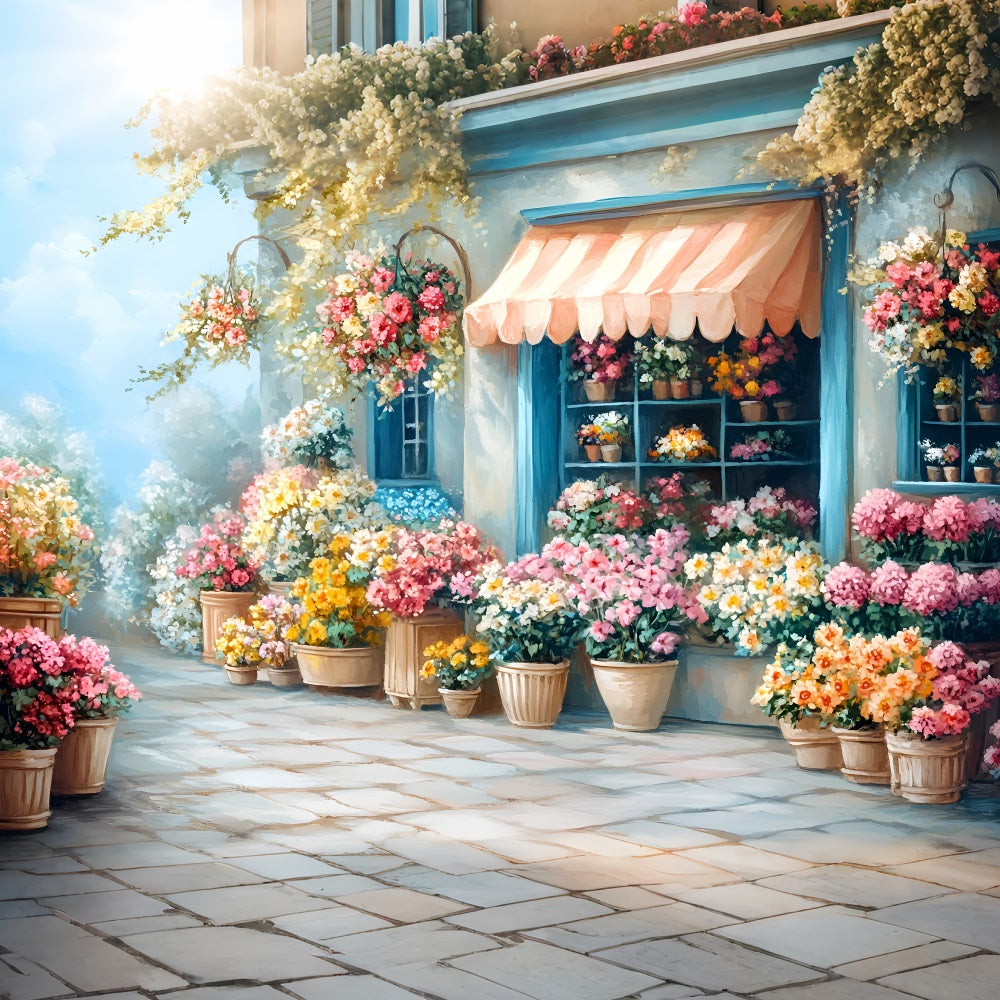 Photography Spring Backdrops Blue Cottage Flower Shopfront Backdrop LXX1-68