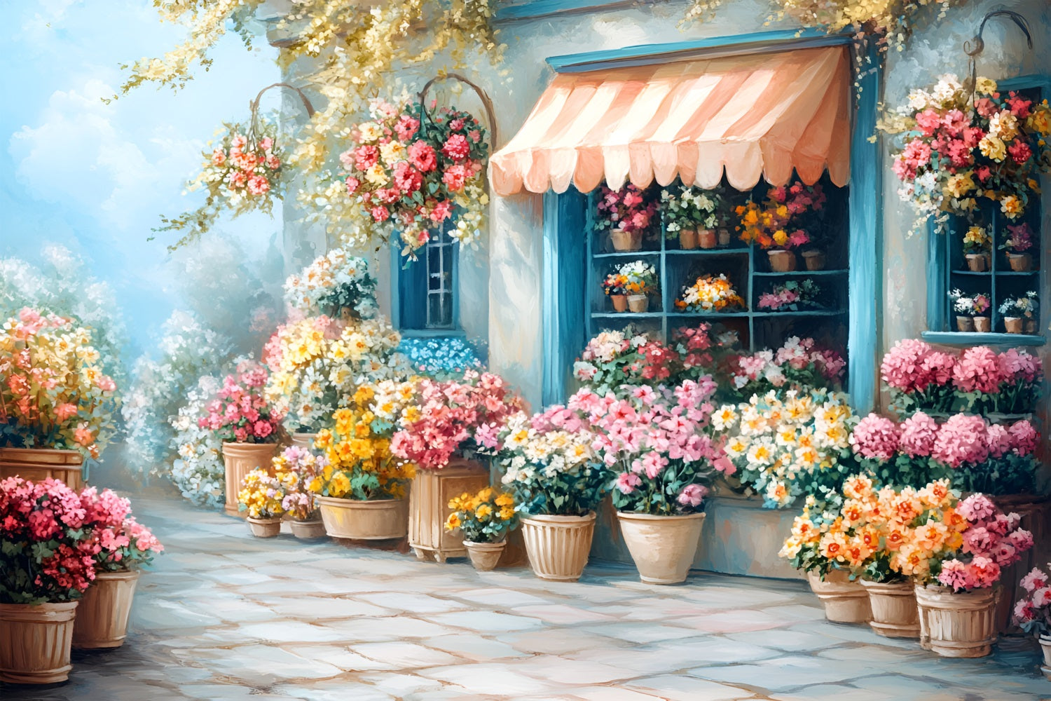 Photography Spring Backdrops Blue Cottage Flower Shopfront Backdrop LXX1-68