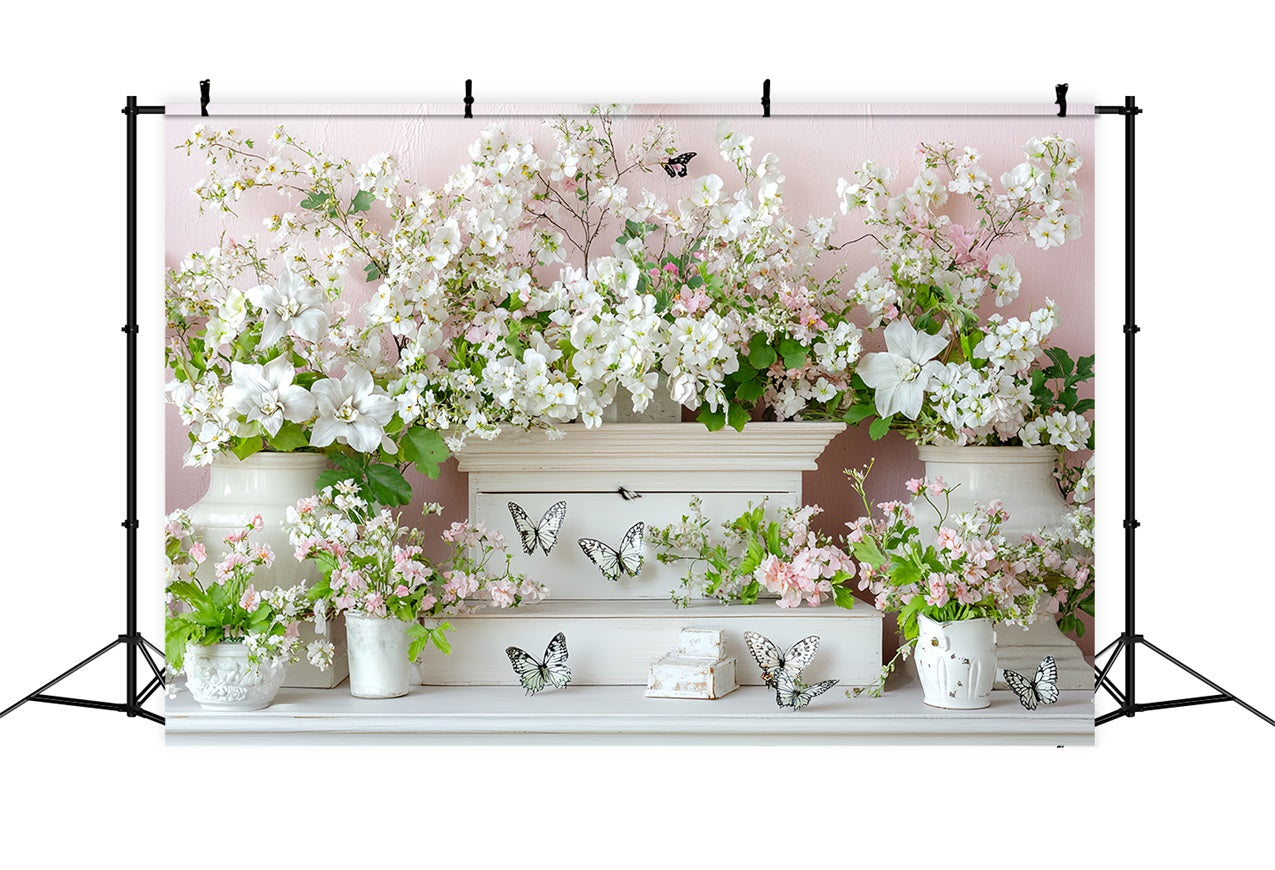 Spring Flowers Backdrop White Blossoms Butterflies Backdrop LXX1-7