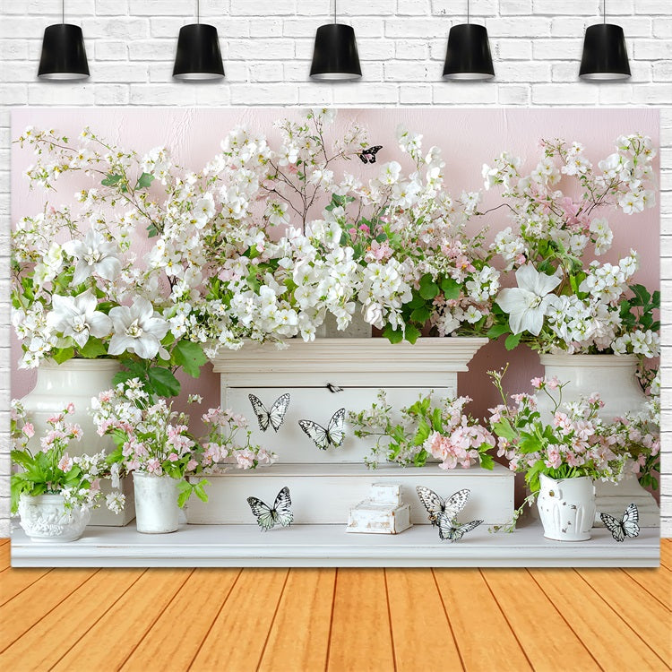 Spring Flowers Backdrop White Blossoms Butterflies Backdrop LXX1-7