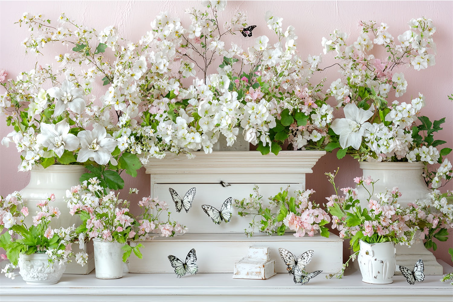 Spring Flowers Backdrop White Blossoms Butterflies Backdrop LXX1-7