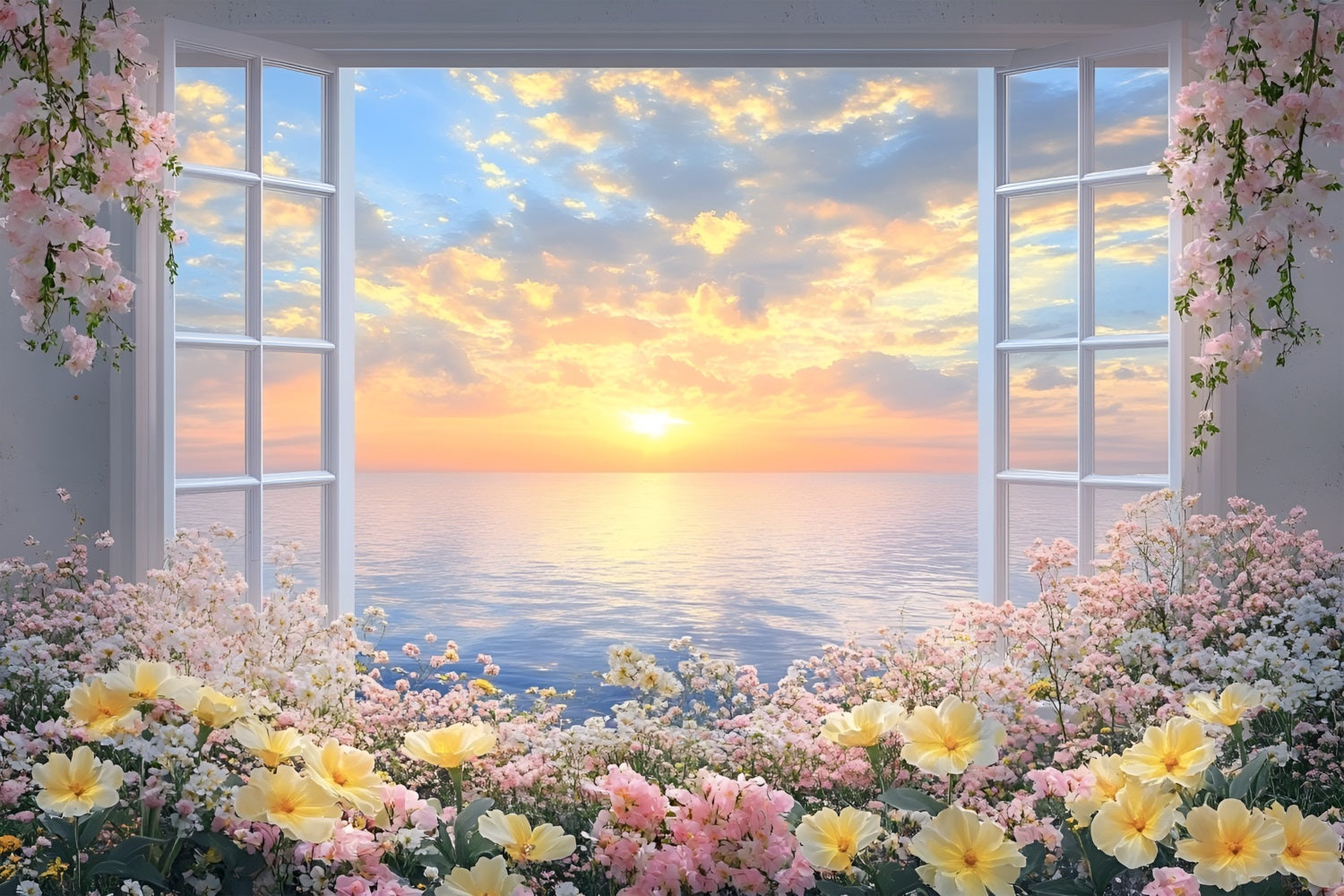 Spring Backdrops Photography Floral Window View Sunset Backdrop LXX1-71