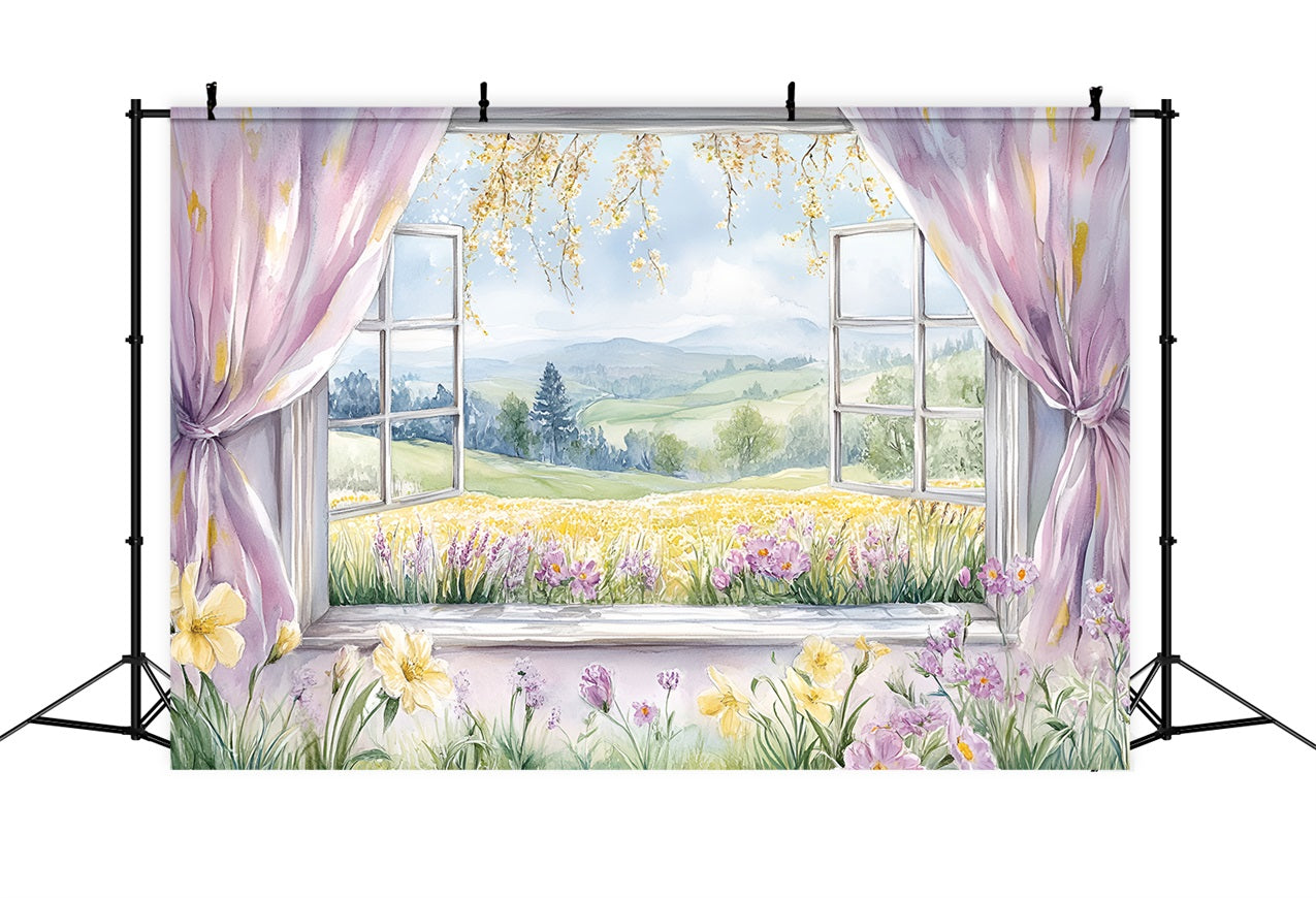 Backdrops Spring Rustic Window Scene Flowers Hills Backdrop LXX1-77