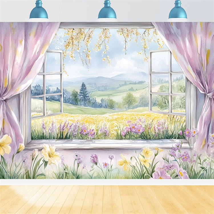 Backdrops Spring Rustic Window Scene Flowers Hills Backdrop LXX1-77