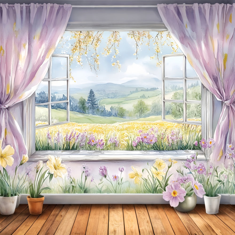 Backdrops Spring Rustic Window Scene Flowers Hills Backdrop LXX1-77