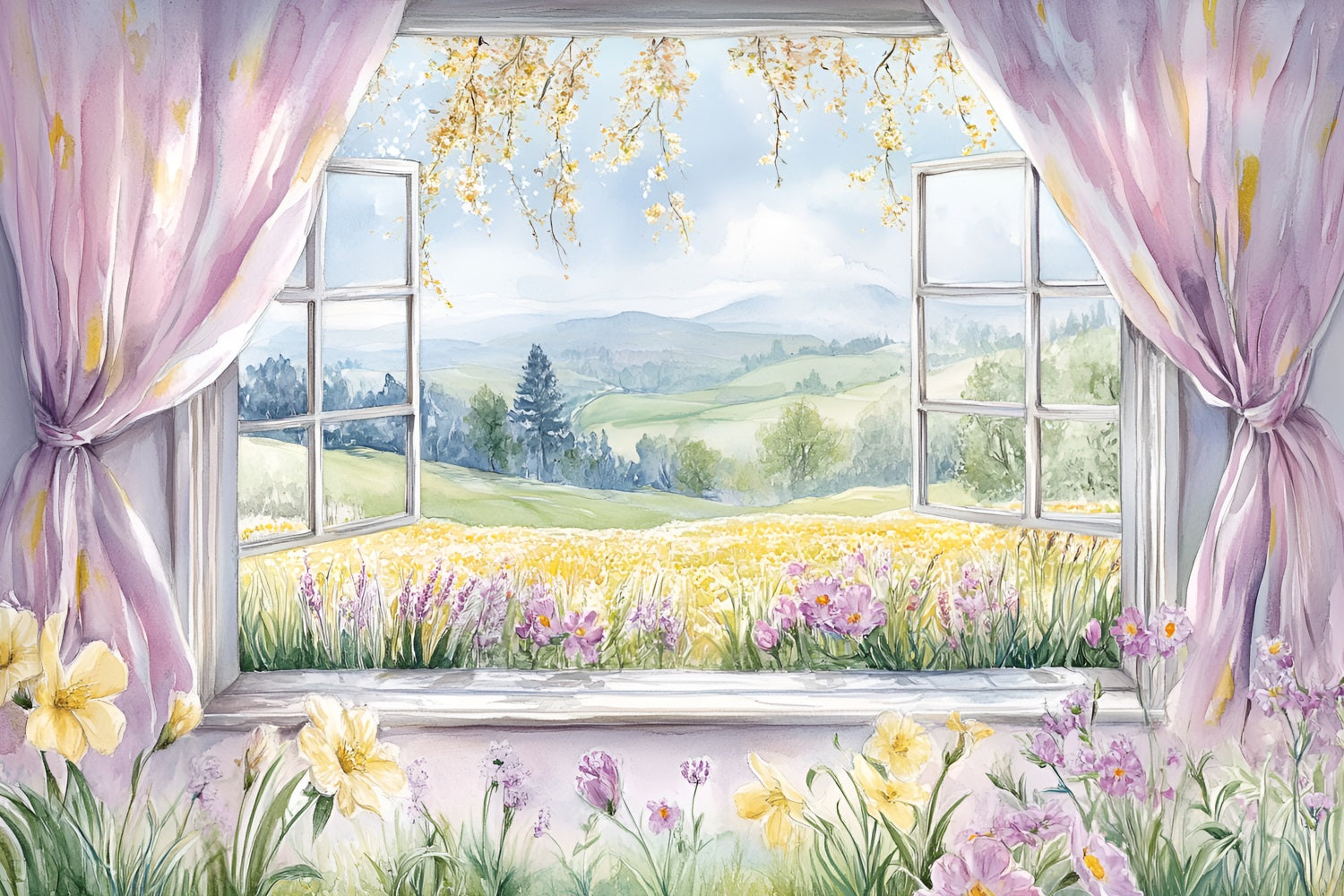 Backdrops Spring Rustic Window Scene Flowers Hills Backdrop LXX1-77