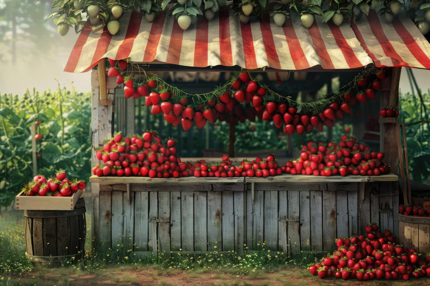 Spring Photo Backdrop Strawberries Rustic Farm Stall Backdrop LXX1-81