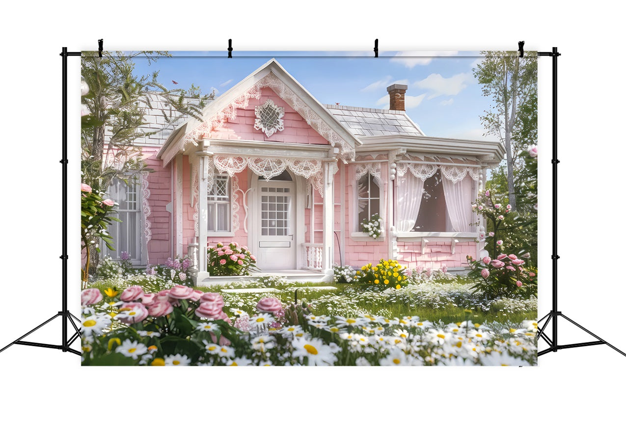 Springtime Backdrop Pink Cottage Blooming Garden Photography Backdrop LXX1-89