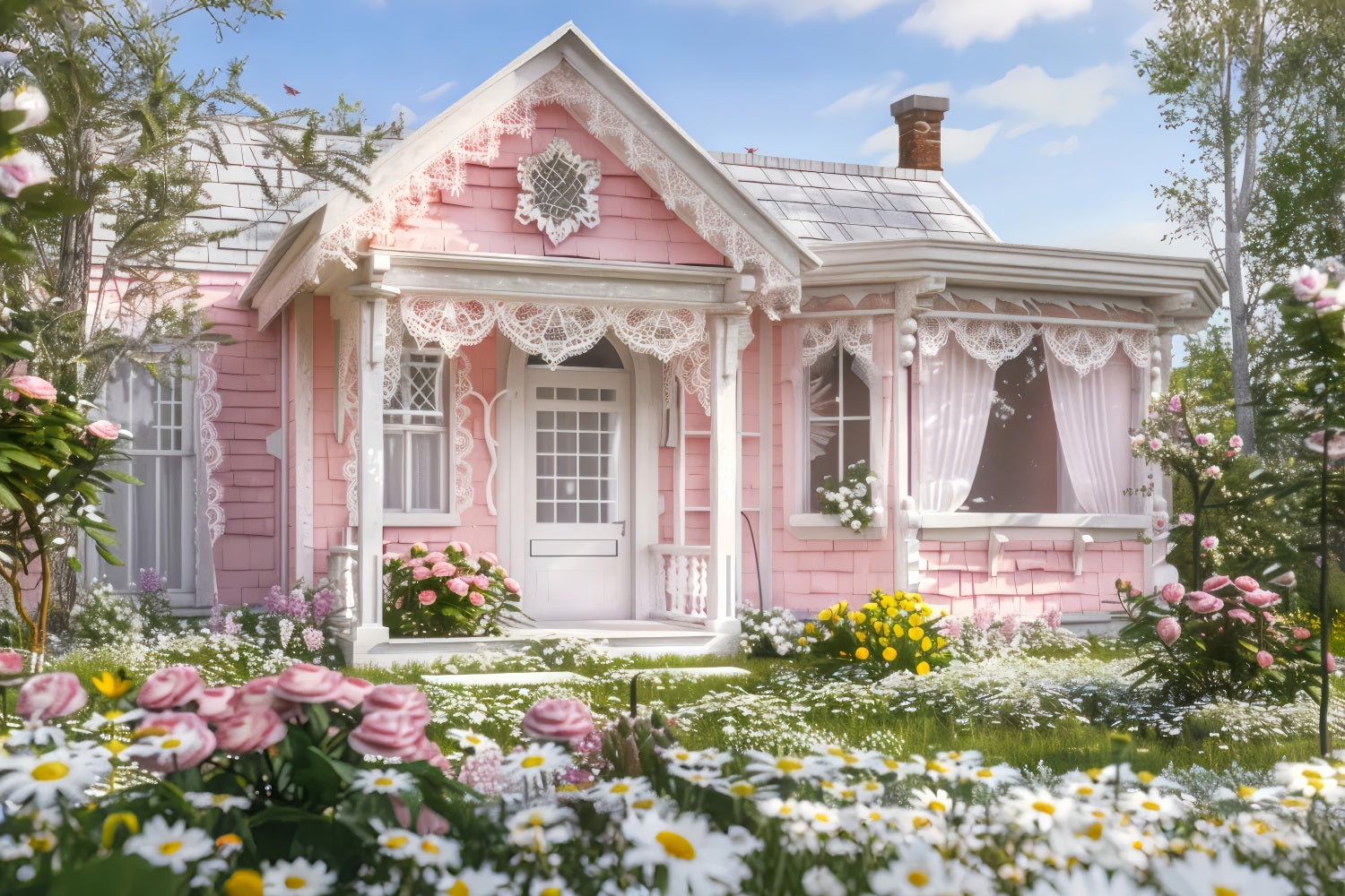 Springtime Backdrop Pink Cottage Blooming Garden Photography Backdrop LXX1-89