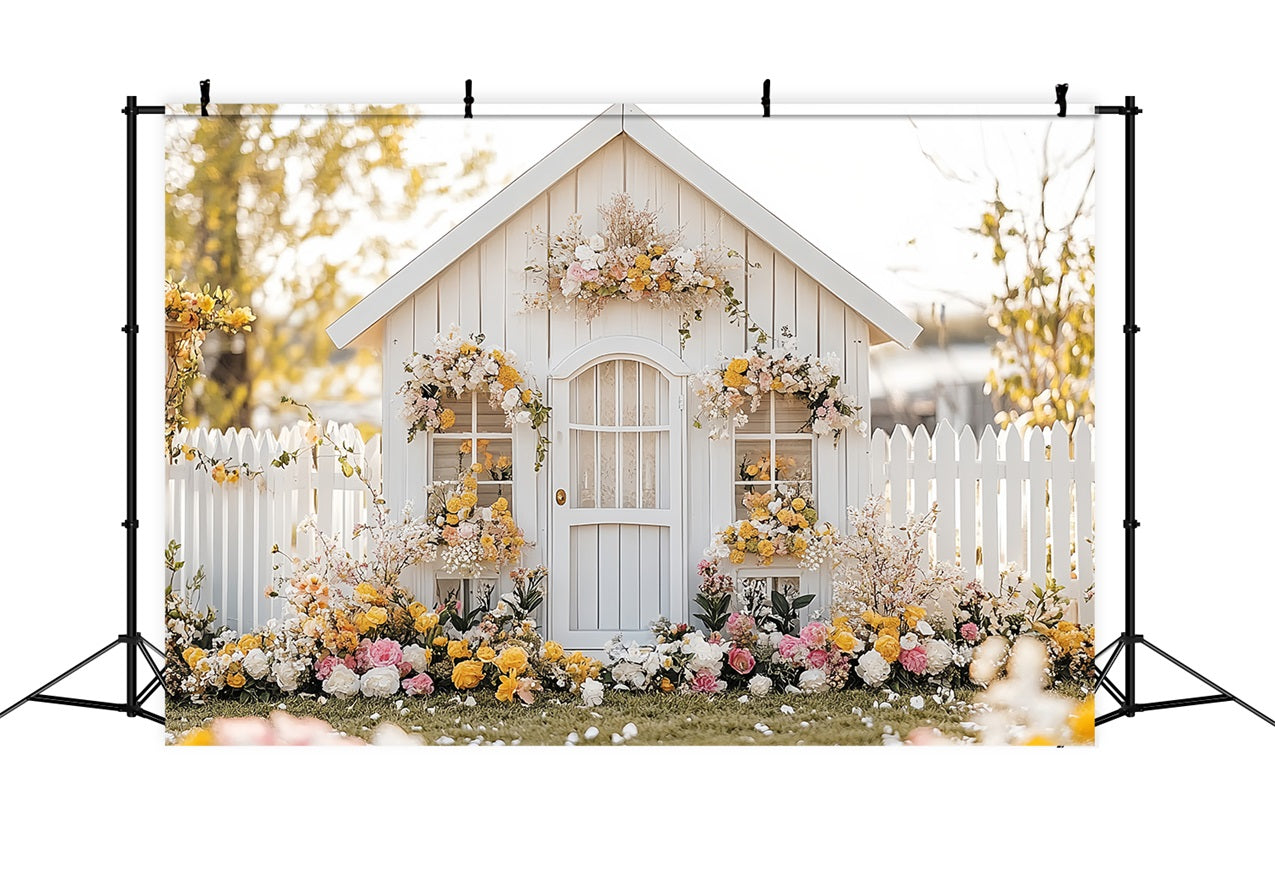 Spring Backdrops Ideas White Cottage Floral Yard Backdrop LXX1-90