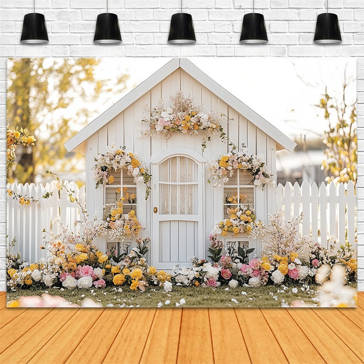 Spring Backdrops Ideas White Cottage Floral Yard Backdrop LXX1-90