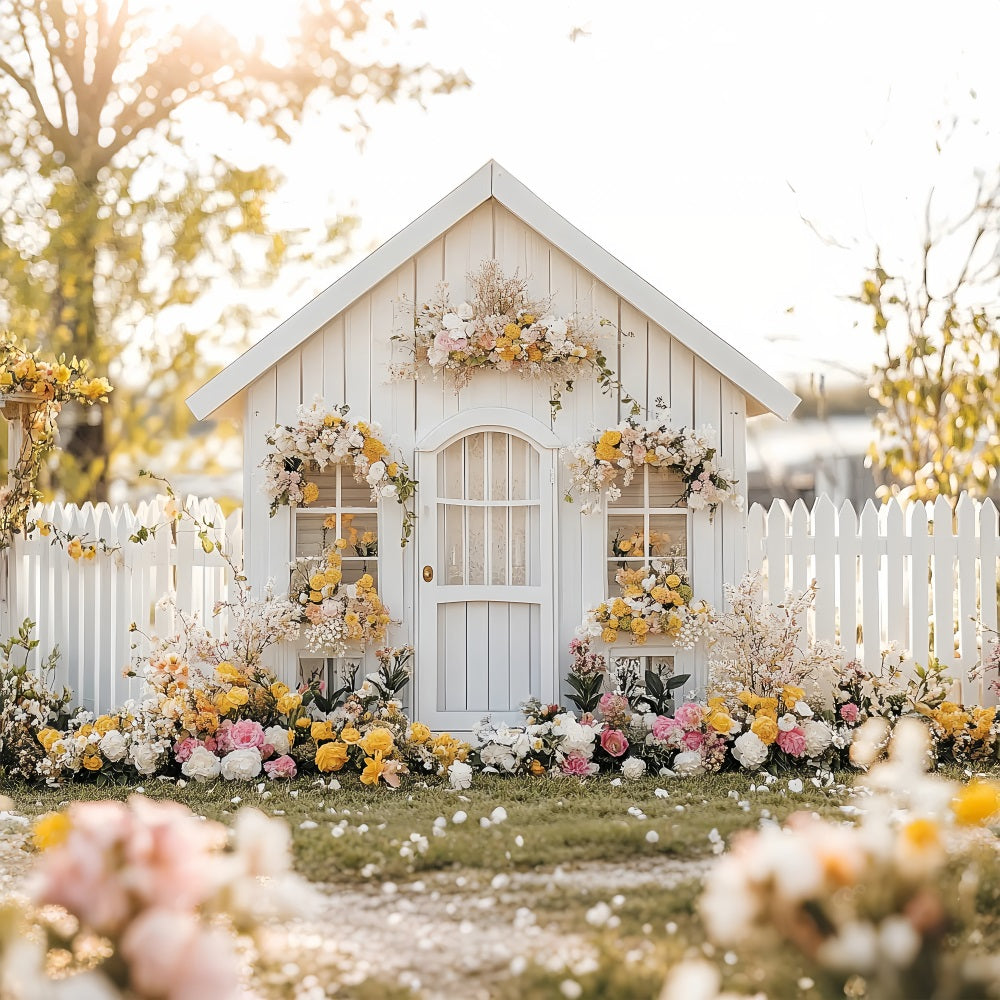 Spring Backdrops Ideas White Cottage Floral Yard Backdrop LXX1-90