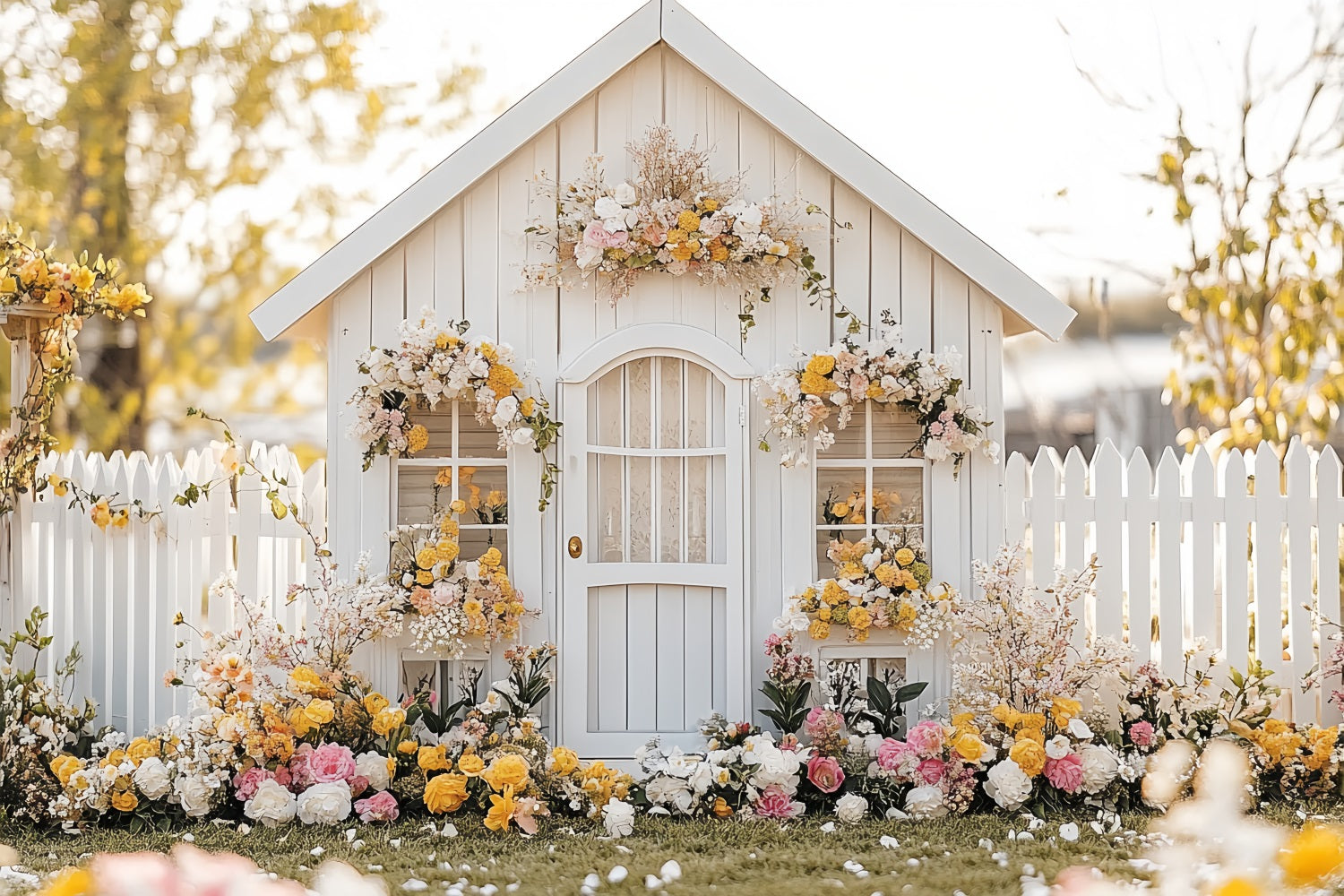 Spring Backdrops Ideas White Cottage Floral Yard Backdrop LXX1-90