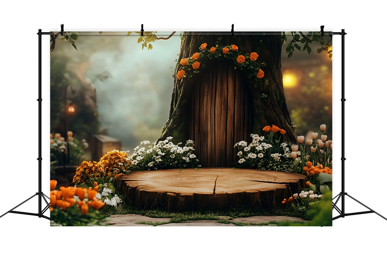 Spring Photo Backdrop Tree Stump Floral Door Backdrop LXX1-99