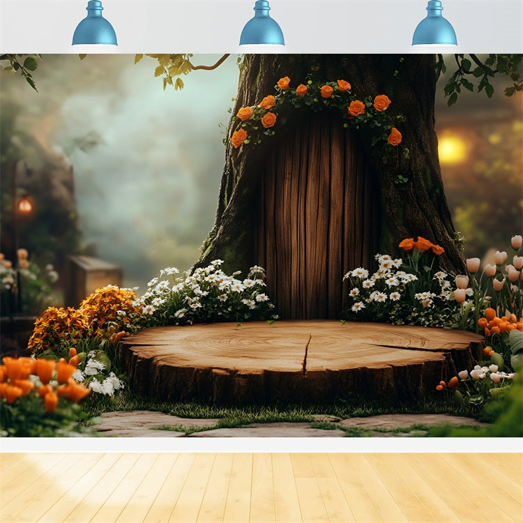 Spring Photo Backdrop Tree Stump Floral Door Backdrop LXX1-99