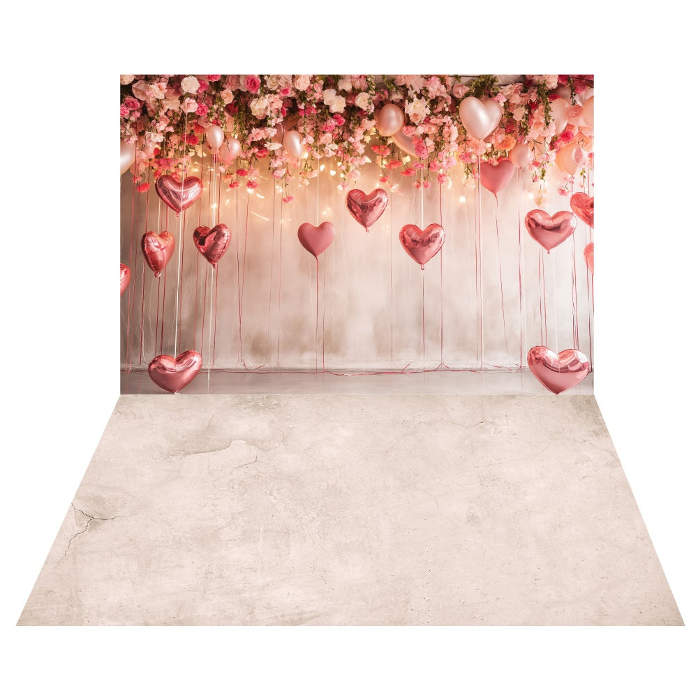 Valentine's Day Floral Heart Balloon Backdrop+Textured Concrete Floor Backdrop LXX2-10