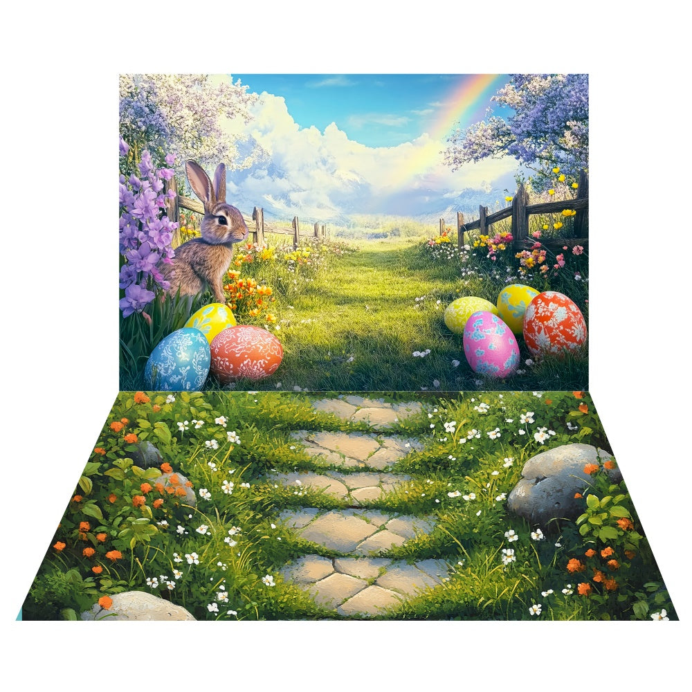 Bunny Easter Farm Backdrop+Nature Trail Floor Backdrop LXX2-12