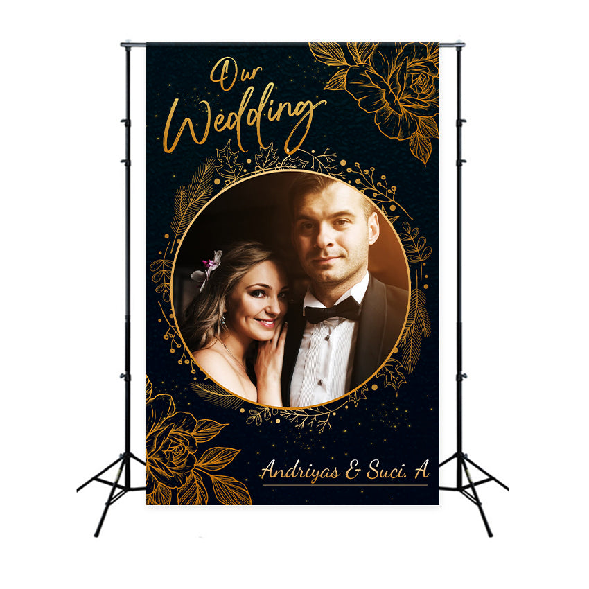 Custom Backdrop For Wedding Elegant Golden Floral Frame Backdrop LXX2-136