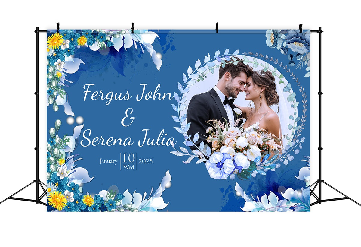 Custom Wedding Photo Backdrop Romantic Blue White Floral Backdrop LXX2-146