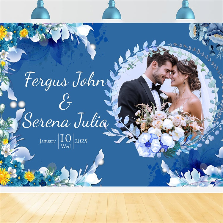 Custom Wedding Photo Backdrop Romantic Blue White Floral Backdrop LXX2-146