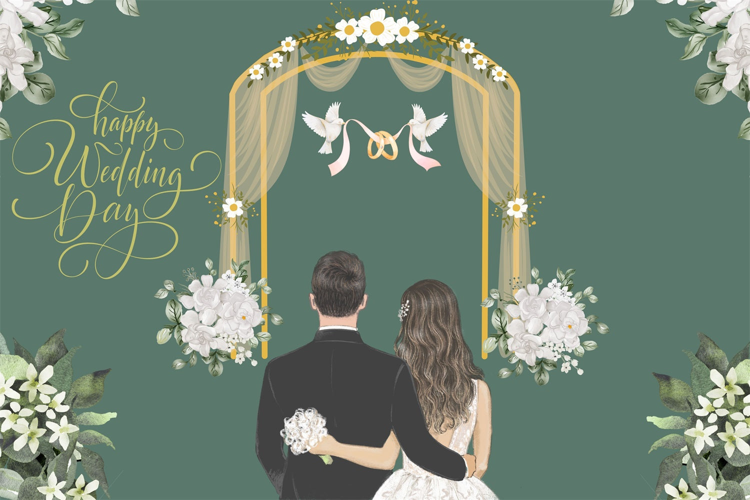 Custom Backdrop For Wedding Elegant White Floral Green Backdrop LXX2-148