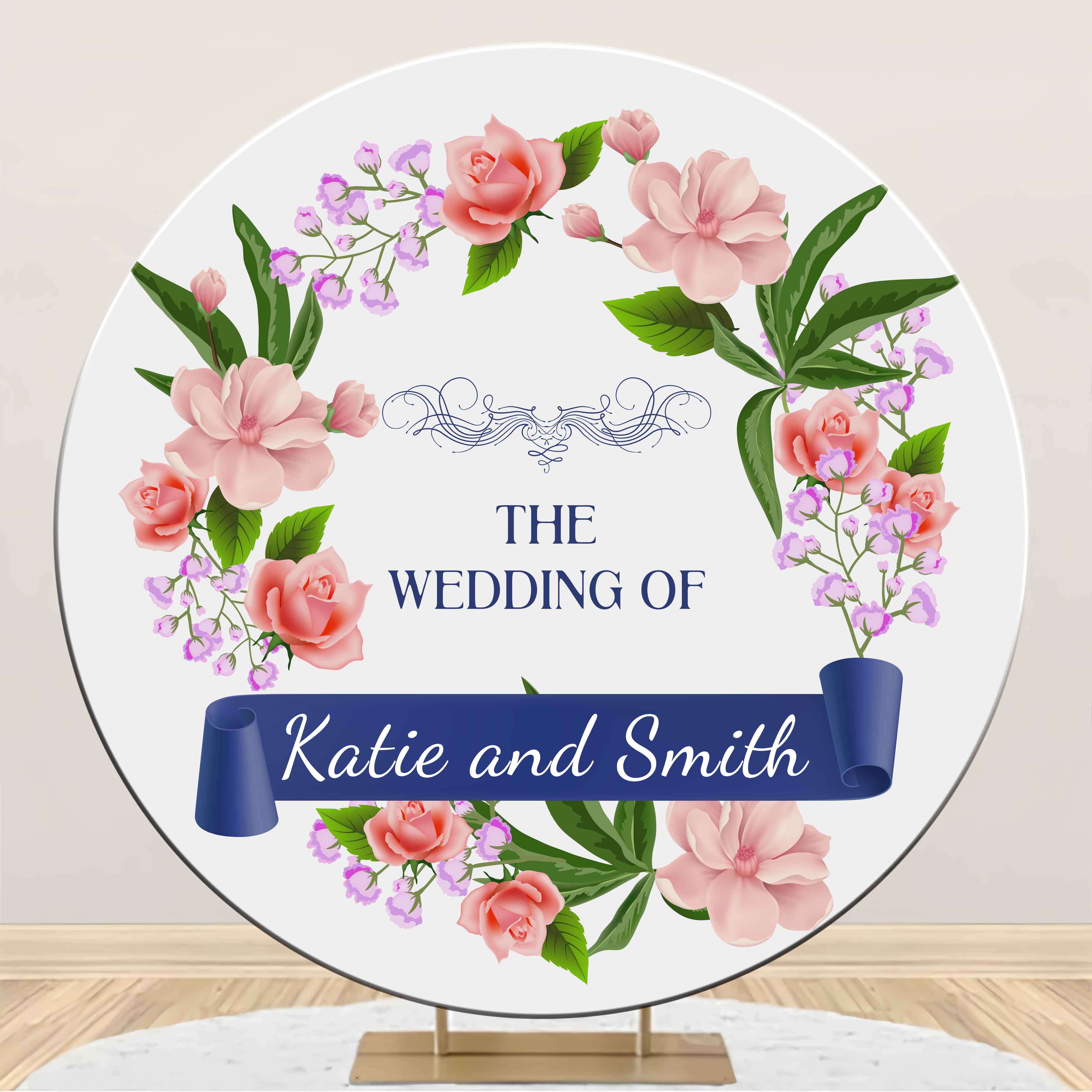 Personalized Wedding Backdrop Floral Blue Ribbon Round Backdrop LXX2-153