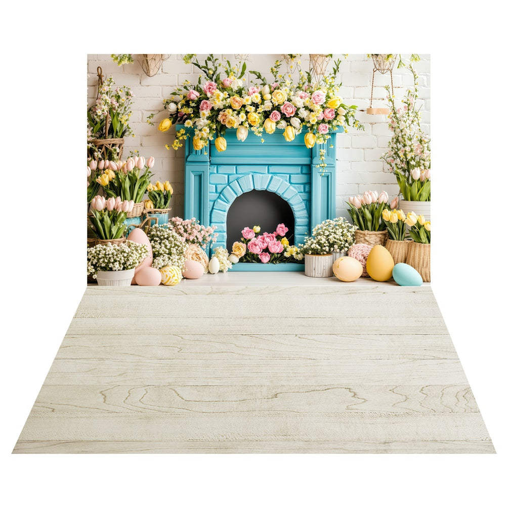 Floral Fireplace Easter Backdrop+Vintage Wooden Floor Backdrop LXX2-16