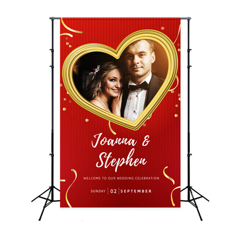 Custom Wedding Photo Backdrop Festive Red Golden Heart Backdrop LXX2-166