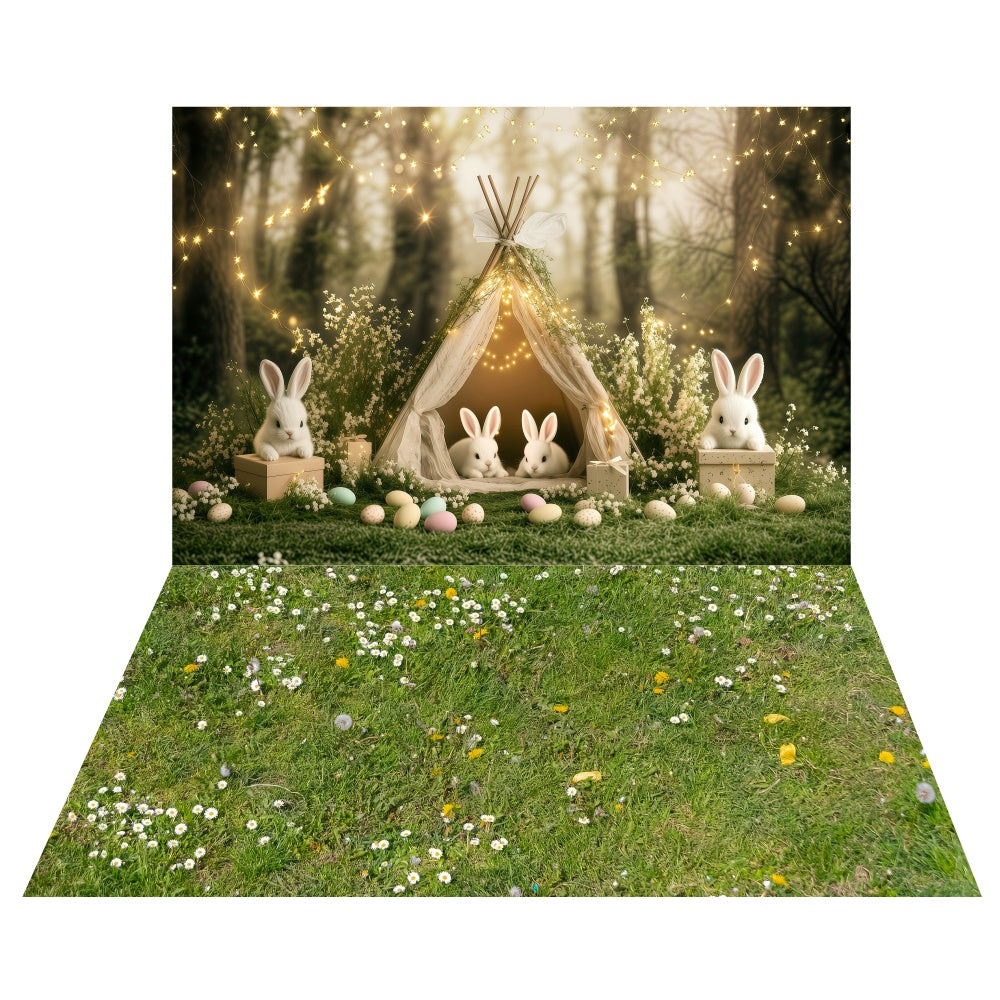 Easter Cute Bunny Tent Backdrop+Green Meadow Floor Backdrop LXX2-17