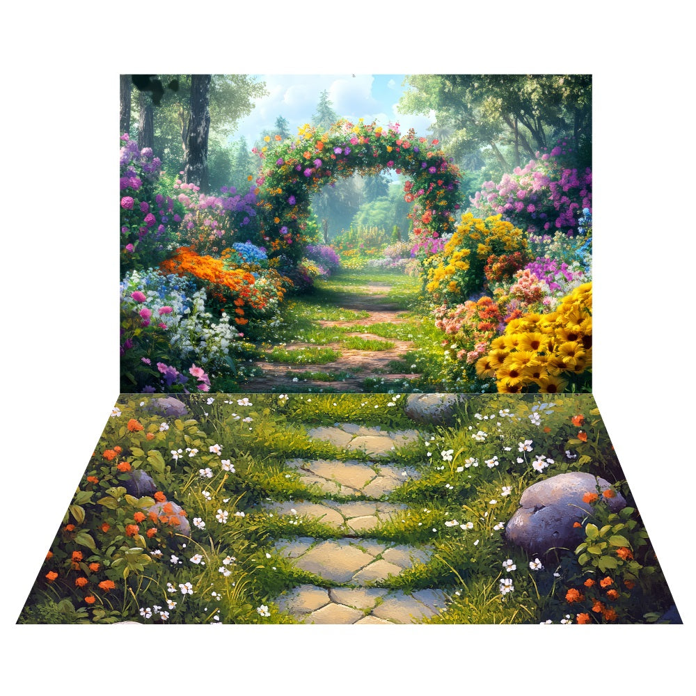 Spring Floral Archway Backdrop+Cobblestone Garden Floor Backdrop LXX2-177