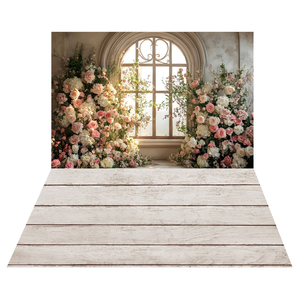 Vintage Floral Window Backdrop+Whitewashed Wooden Floor Backdrop LXX2-178